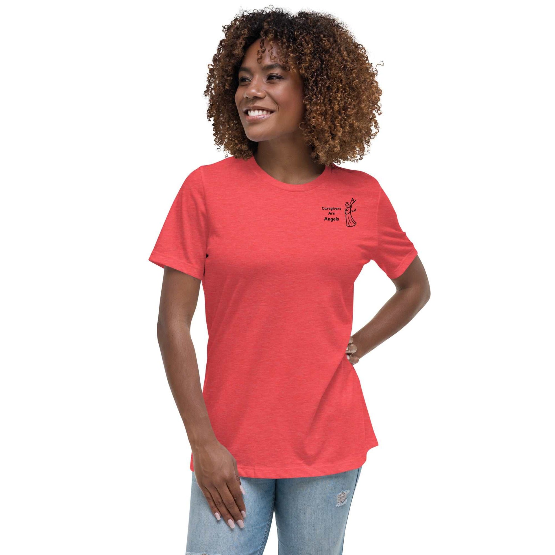 Women's relaxed orange t-shirt with black "Caregivers Are Angels" graphic, soft cotton fabric and crew neck design