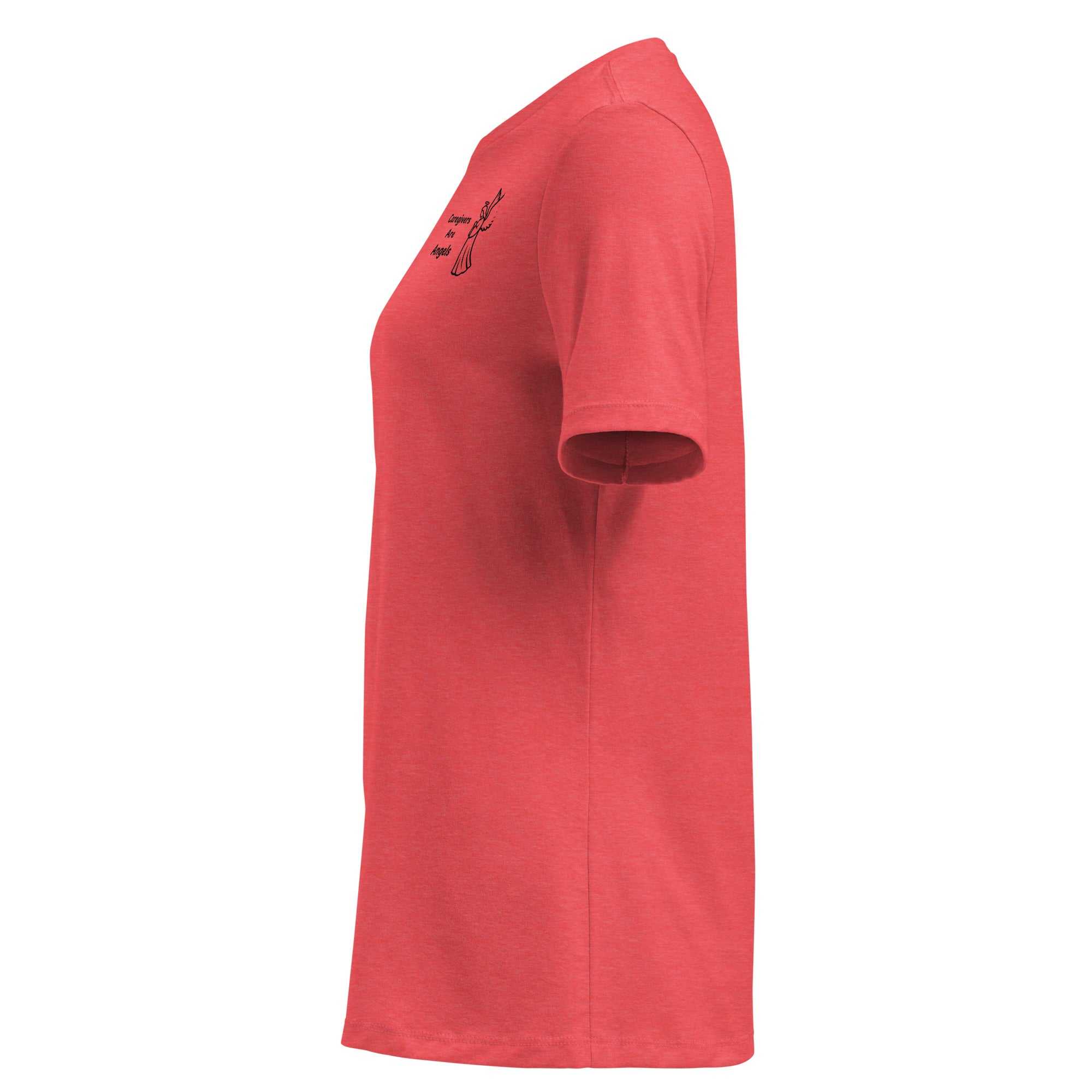 Side view of orange relaxed t-shirt with Caregivers Are Angels graphic