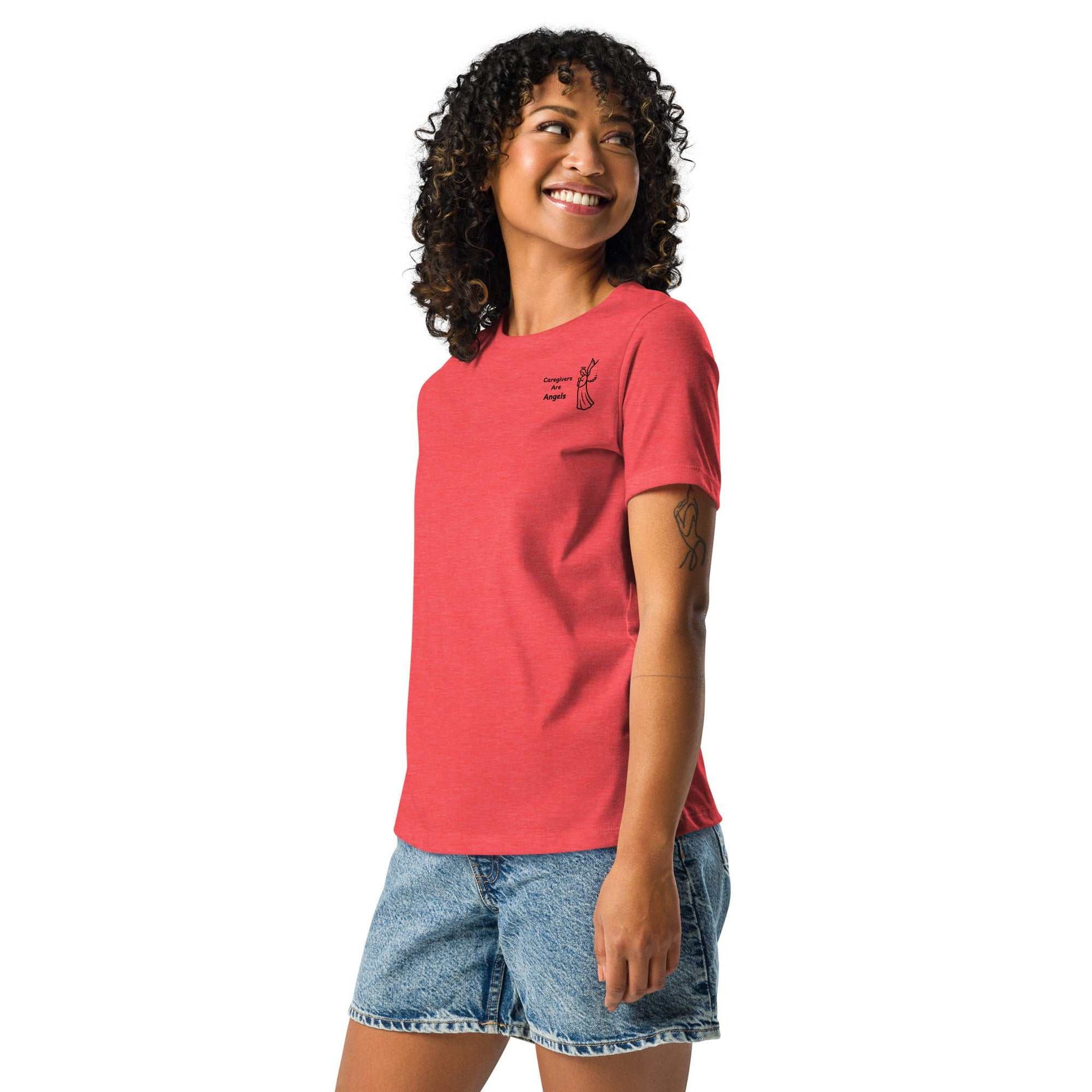 Women's relaxed orange t-shirt with black "Caregivers Are Angels" graphic, soft cotton fabric and relaxed fit