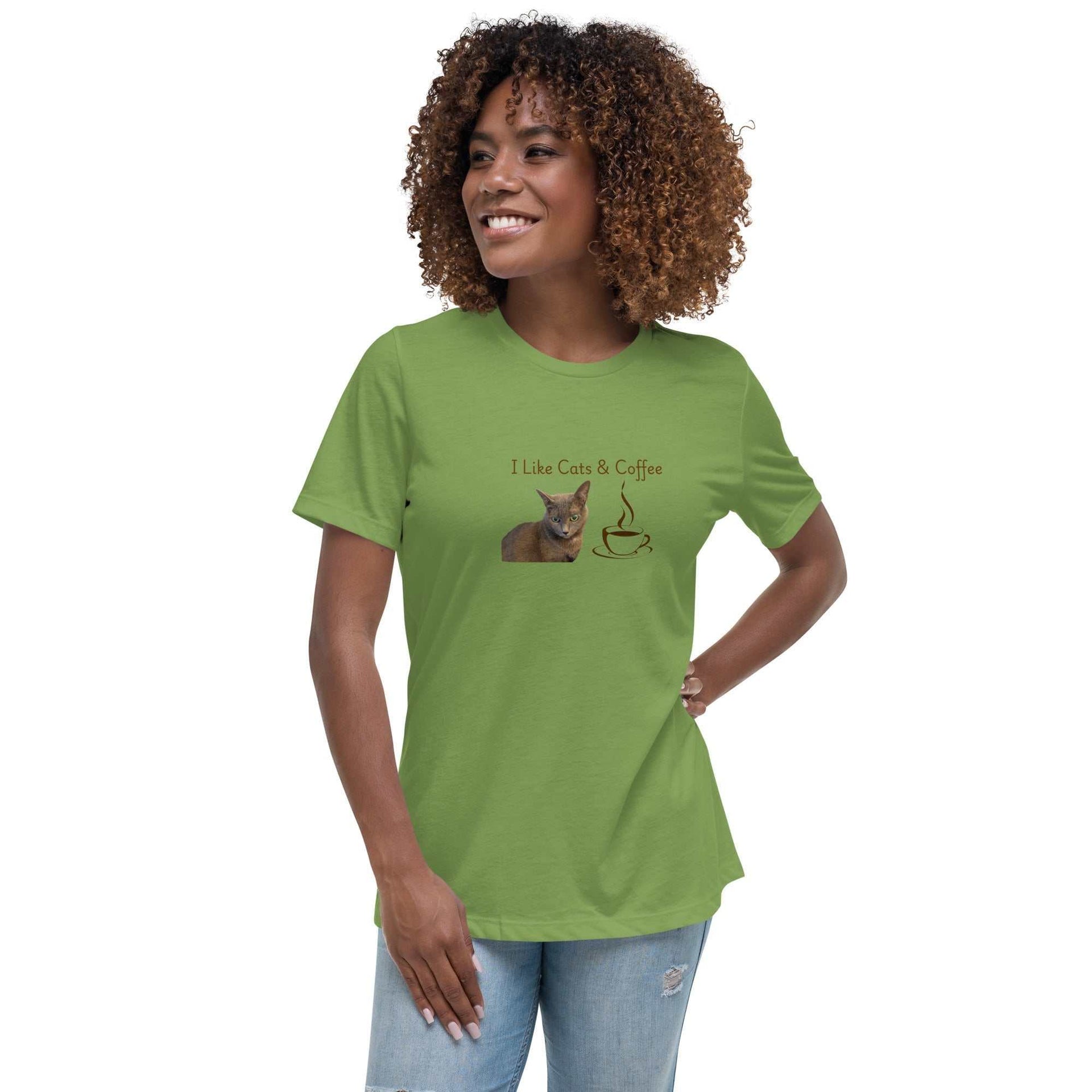 Women's Cat Lover T-Shirt | Light Green | I Like Cats & Coffee Grapic - Greg's AZ Store