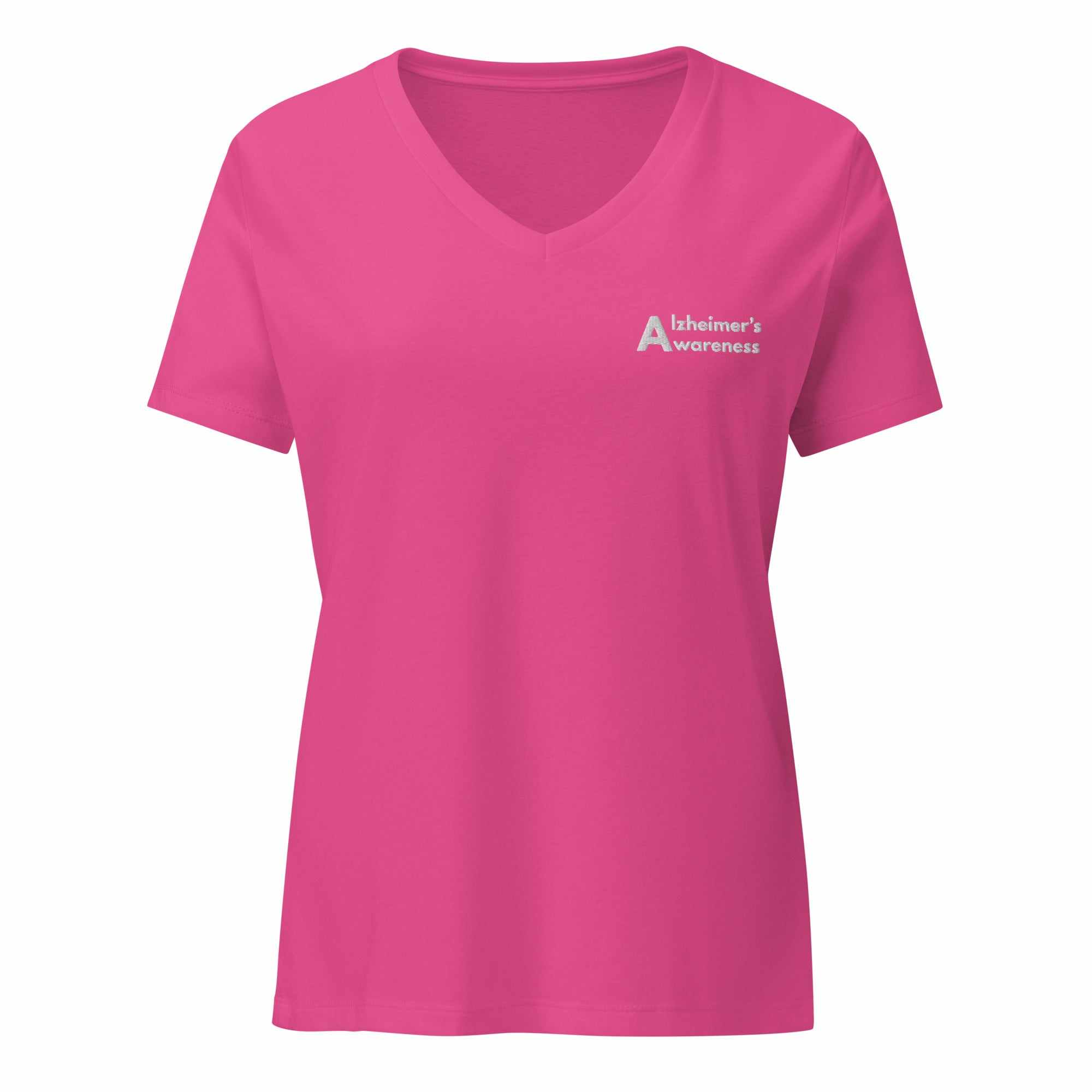 Pink v-neck women's tee with Alzheimer's Awareness text on the chest