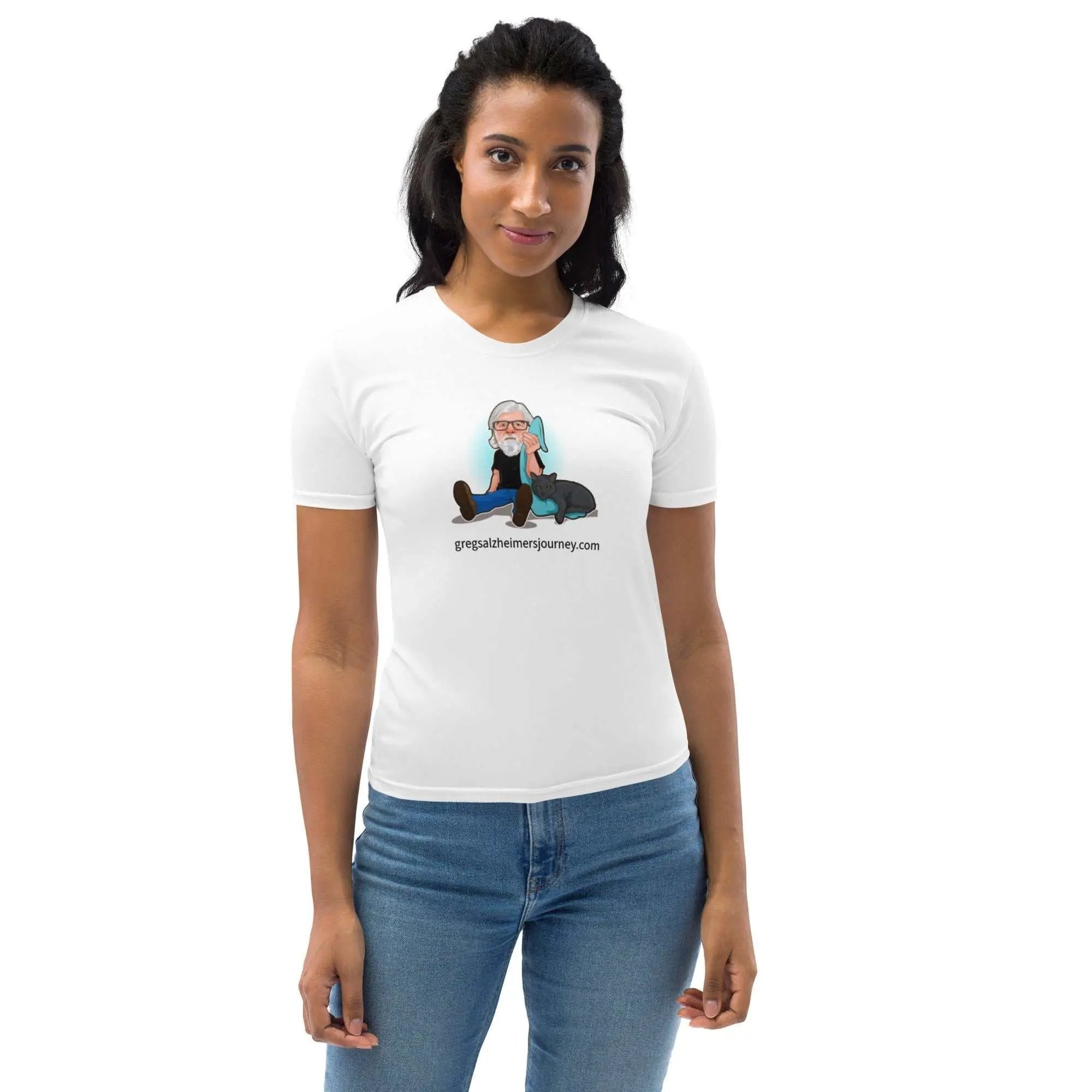Women's jersey tee shirt featuring the Crazy Cat Man logo and Alzheimer’s Awareness design by Greg's AZ Store.