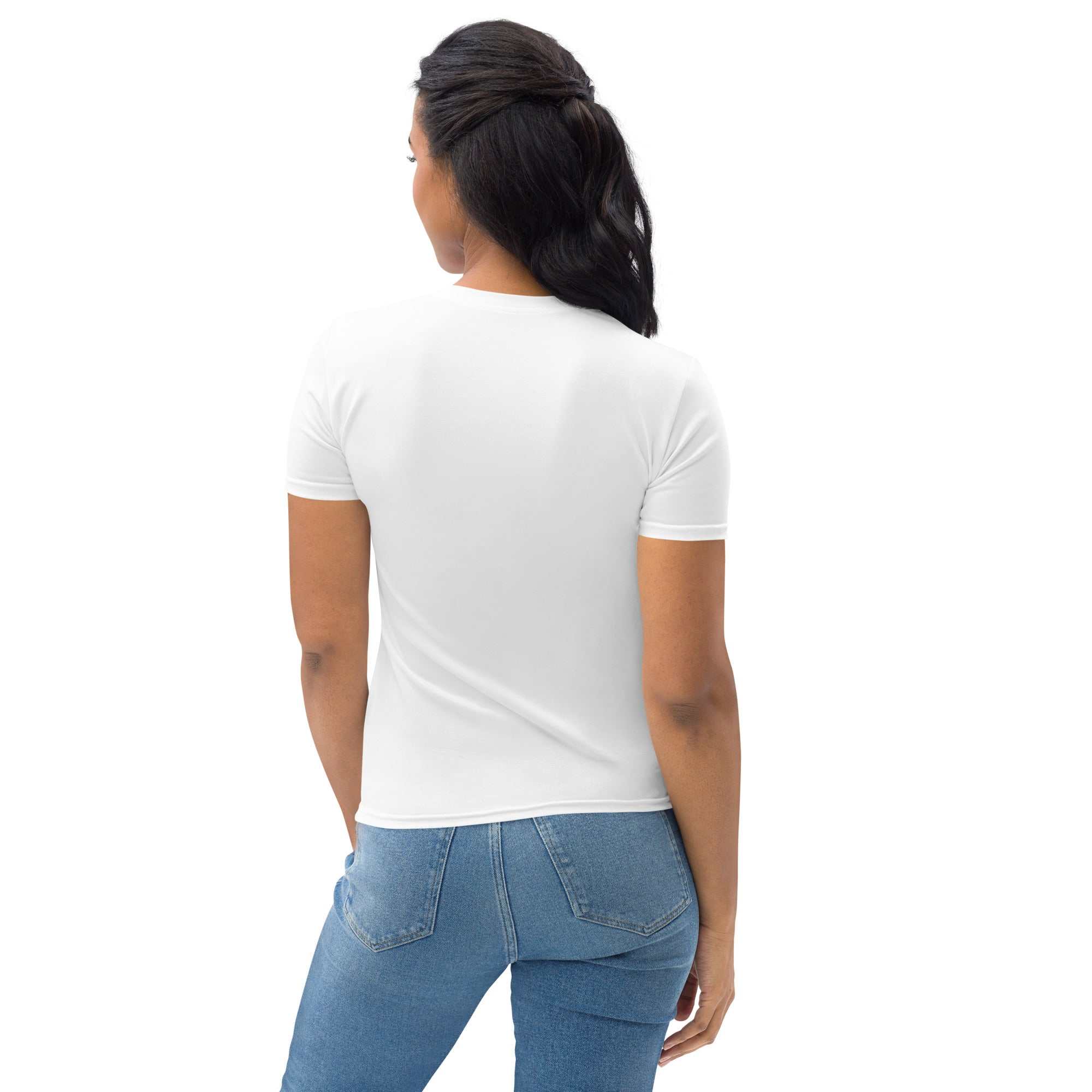 Back view of a woman wearing a white jersey tee shirt for Alzheimer's prevention with blue jeans