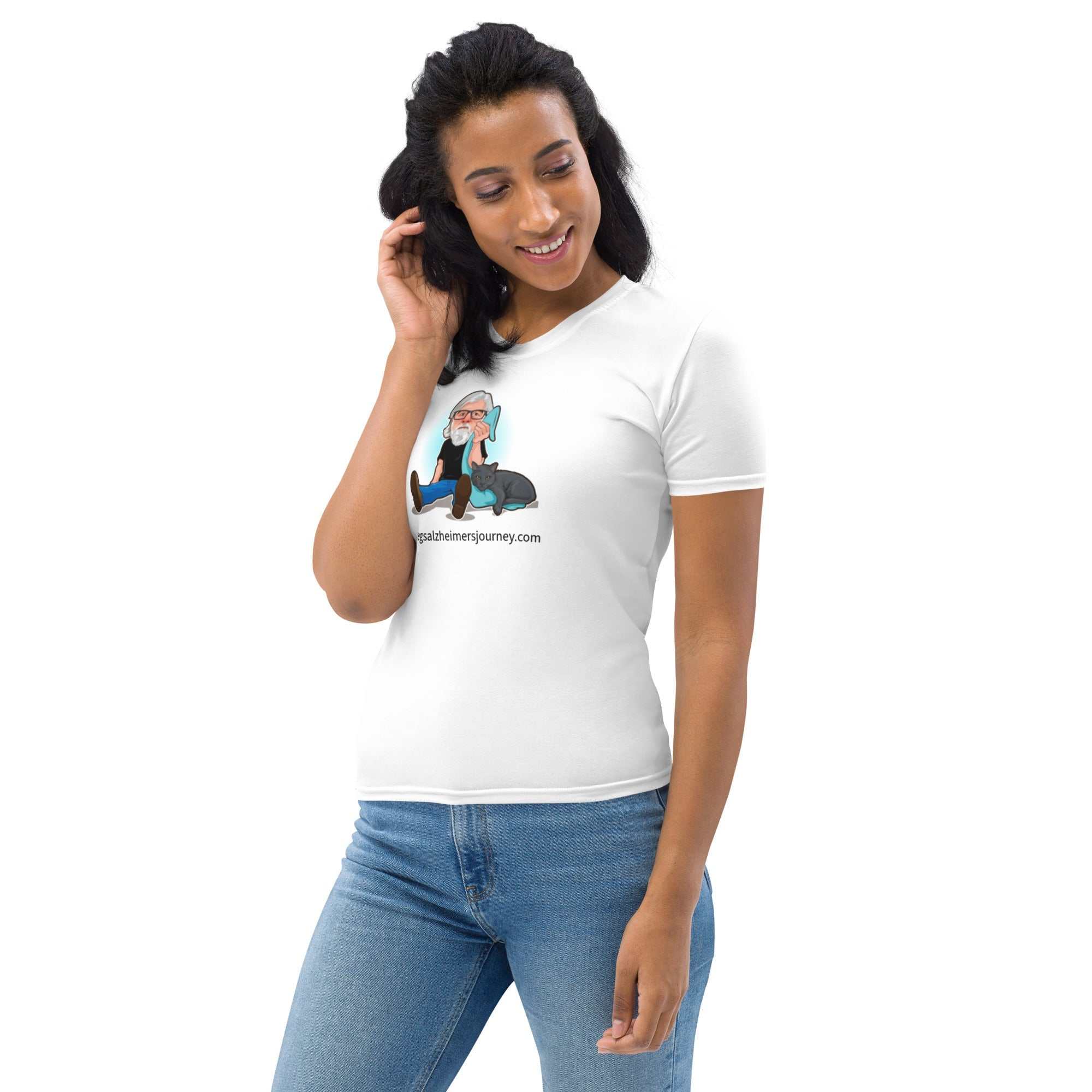 Woman wearing white jersey tee shirt with cartoon graphic of man and cat