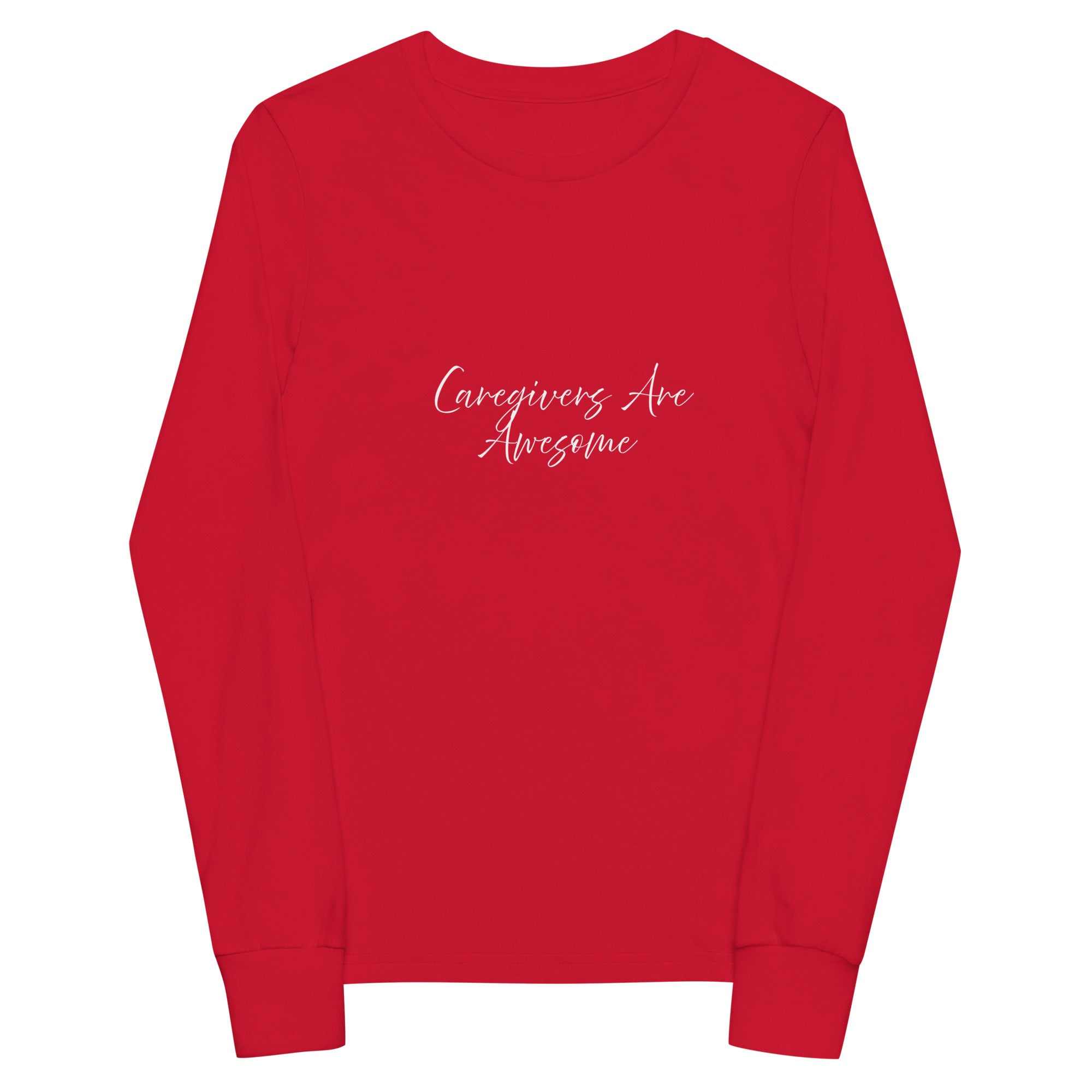 Red youth unisex long sleeve tee with white Caregivers Are Awesome text