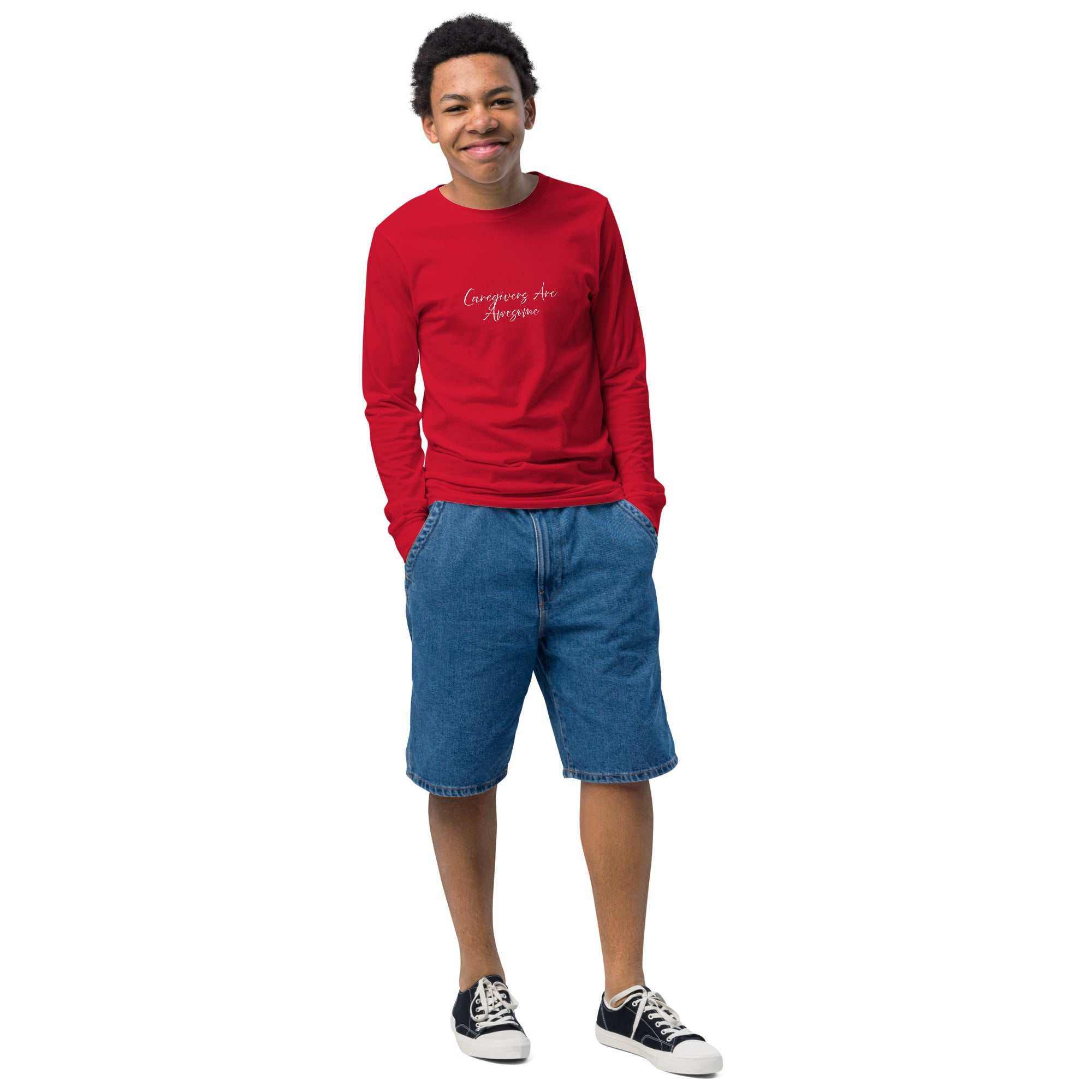 Youth unisex long sleeve tee in red with white caregiver awareness graphics