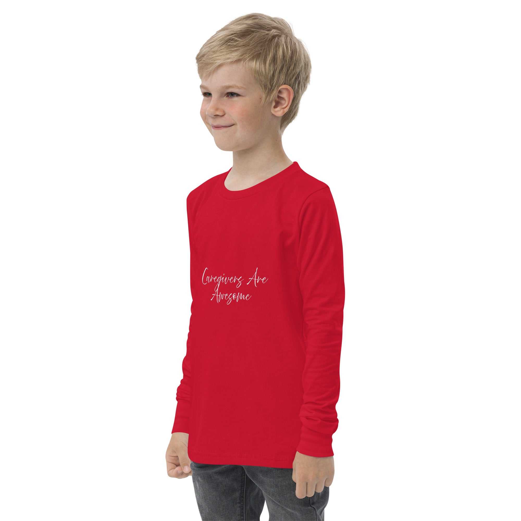 Youth unisex long sleeve tee in red with Caregivers Are Awesome text