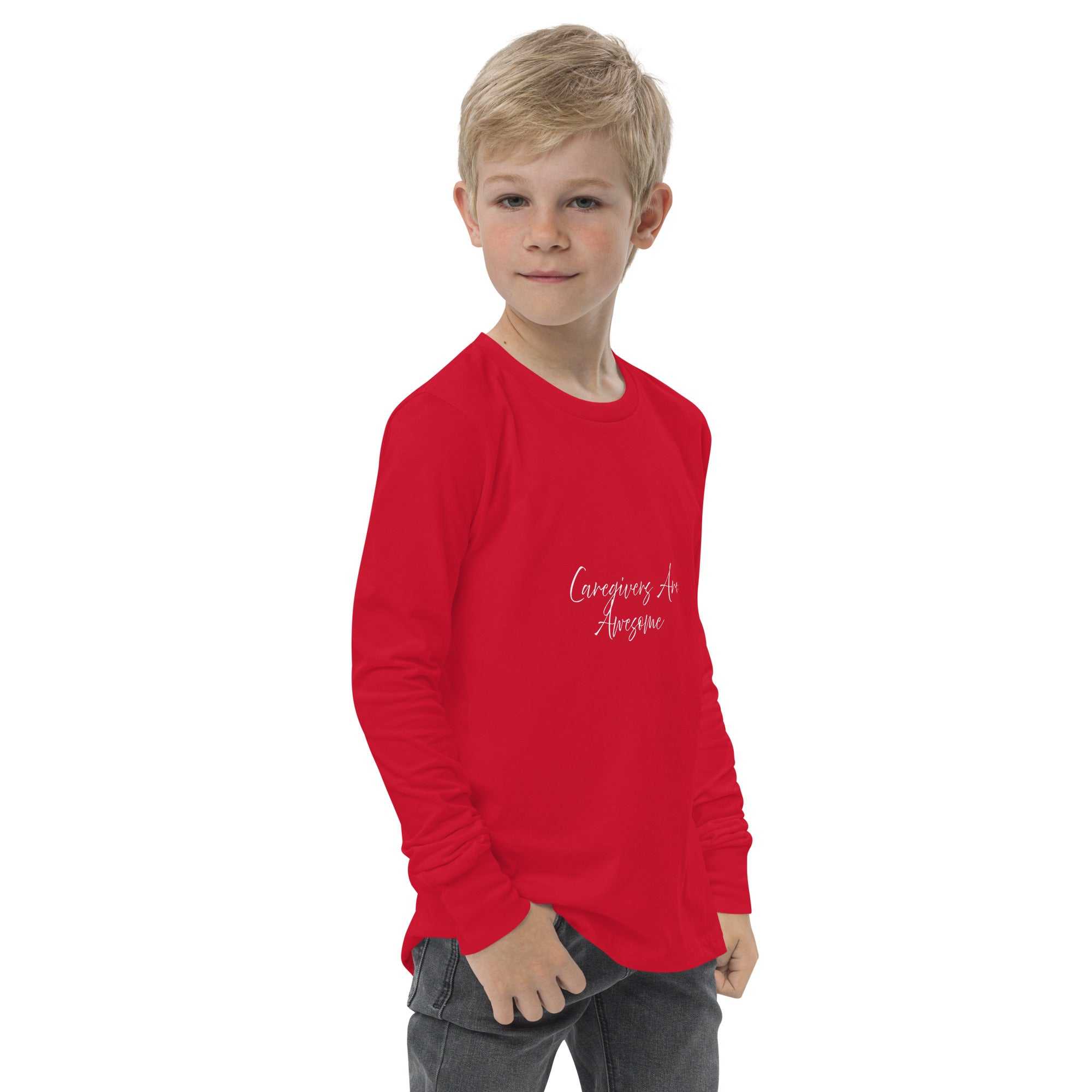 Youth unisex long sleeve tee in red with Caregivers Are Awesome text