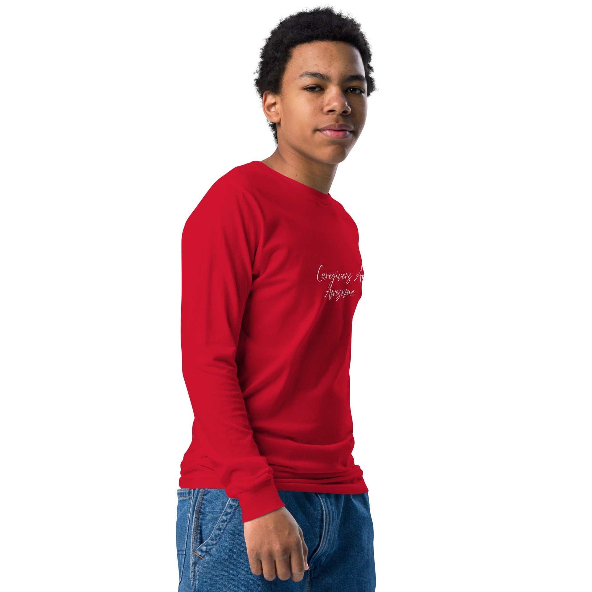 Youth unisex long sleeve red tee with white caregiver awareness graphics